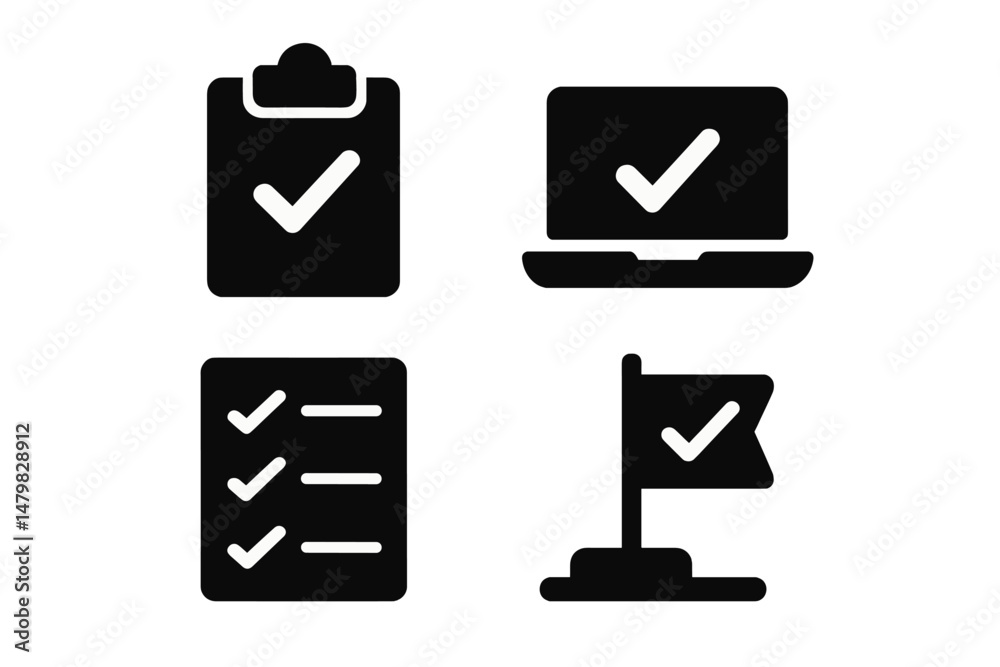 Collection of web icons featuring checklist, computer, clipboard, and flag symbols for digital applications Collection of web icons featuring checklist, computer, clipboard, and flag symbols for digital applications