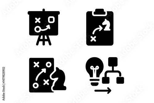 Collection of web icons illustrating strategy, analysis, and planning in a digital format
