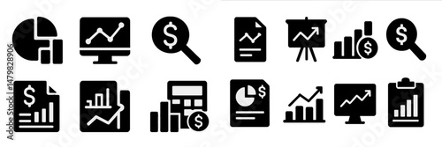 Collection of black web icons representing finance, analytics, and data visualization in a modern design