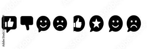Collection of minimalistic web icons for user engagement and feedback metrics displayed in solid black format