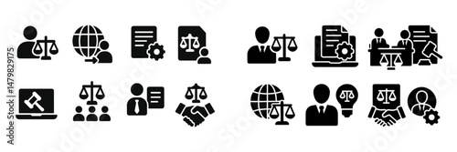 Collection of diverse legal web icons representing justice, collaboration, and document management in a digital setting