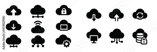 Collection of web icons depicting cloud storage features for digital applications and services