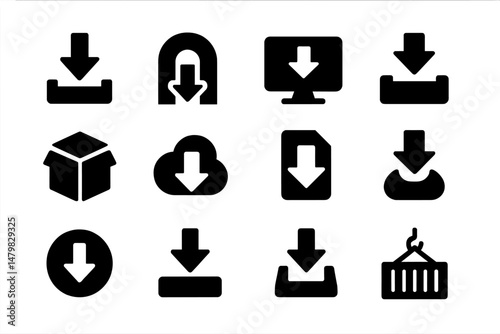 Collection of web icons depicting various download actions in a clean and simplistic design