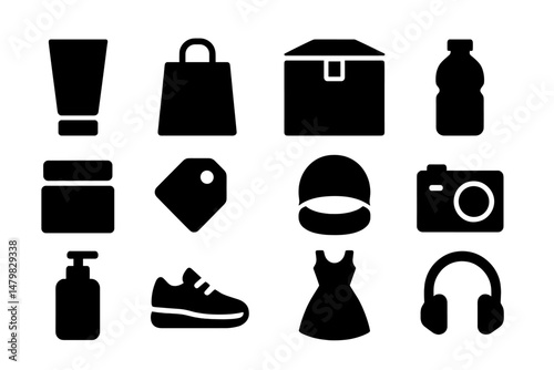 Collection of black web icons representing various items and activities for online applications and design projects