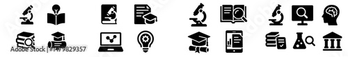 Collection of educational web icons featuring study tools and scientific elements for digital design projects