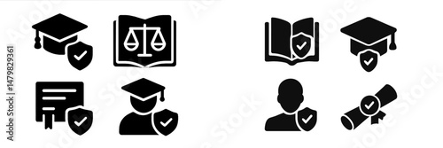 Set of black web icons representing education, legal, and achievement themes in modern design