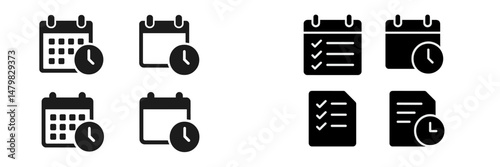 Set of black and white web icons depicting calendars, checklists, and clocks for time management and scheduling