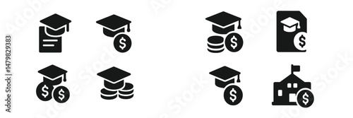 Set of web icons representing education, finance, and graduation in a minimalist black-and-white design suitable for digital use