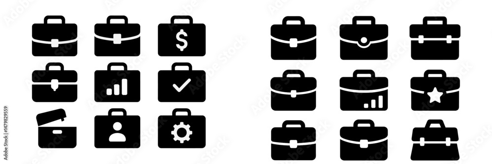 Set of web icons showcasing briefcases with various business-related symbols for digital design projects Set of web icons showcasing briefcases with various business-related symbols for digital design projects