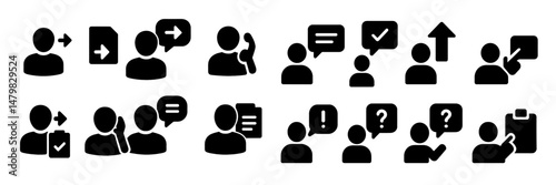 Collection of black web icons representing communication, user actions, and tasks