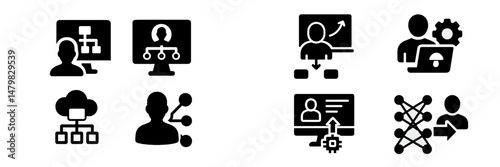 Set of web icons representing various digital and online activities for user interaction and data management