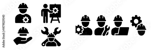 Collection of black web icons depicting construction, teamwork, and engineering activities