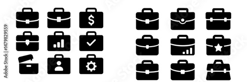 Set of web icons showcasing briefcases with various business-related symbols for digital design projects