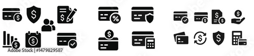 Collection of web icons featuring financial symbols, payment systems, and security measures for digital transactions