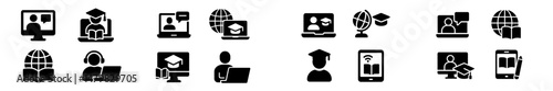 Set of web icons showcasing educational activities and digital learning tools for online courses and academic programs