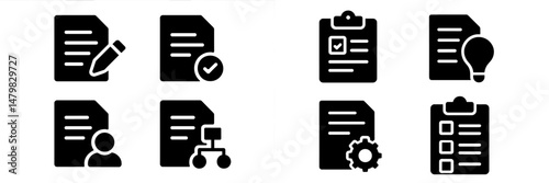 Collection of web icons depicting various document-related actions and elements for digital interface use