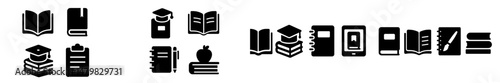 Collection of web icons featuring various book and education symbols in a sleek, modern design suitable for digital applications