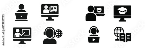 Collection of web icons representing online learning and education activities