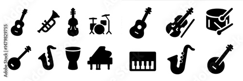 Collection of various musical instruments presented in a cohesive web icon format