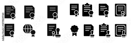 Collection of web icons featuring documents, certificates, and seals for digital applications