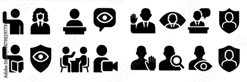 Collection of black web icons representing communication, security, and user interaction activities in digital environments