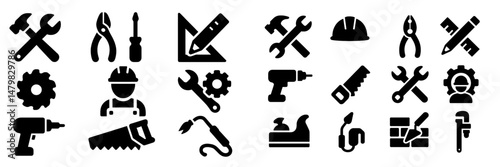 Collection of web icons showcasing various tools and equipment used in construction and repair work