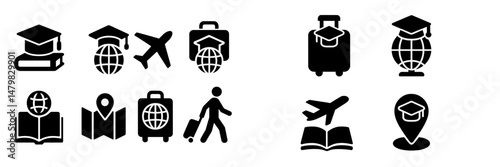 Collection of web icons representing education, travel, and global connectivity for diverse applications