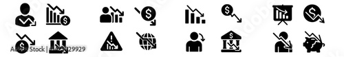 Set of web icons representing financial decline and market analysis concepts