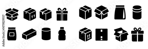 Collection of web icons featuring various packaging shapes, including boxes, gifts, and containers commonly used in e-commerce