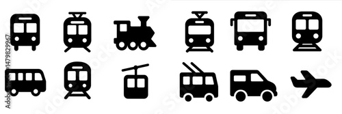 Collection of transport web icons illustrating various modes of travel including vehicles, trains, and aircraft