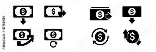 Collection of web icons representing financial transactions and currency exchanges for digital platforms