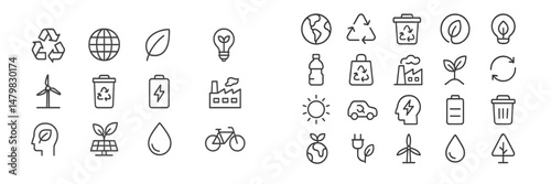 Collection of web icons representing environmental sustainability and renewable energy themes for digital design