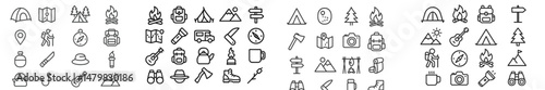 Collection of web icons representing camping, outdoor activities, and nature exploration for website design