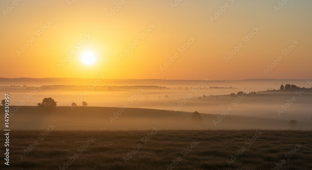 Fototapeta premium Serene Sunrise over Misty Rolling Hills and Fields Golden Hour Landscape Photography