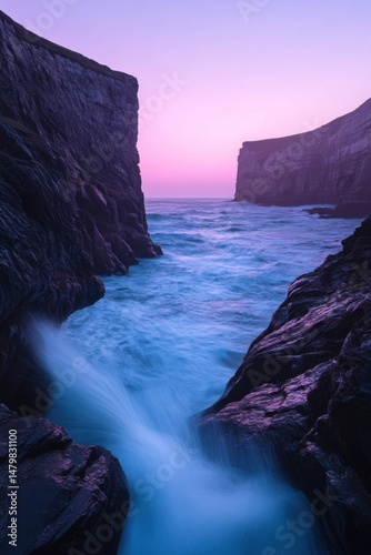 Dramatic Seascape of Cliffs and Crashing Waves at Dusk Long Exposure Vertical Shot