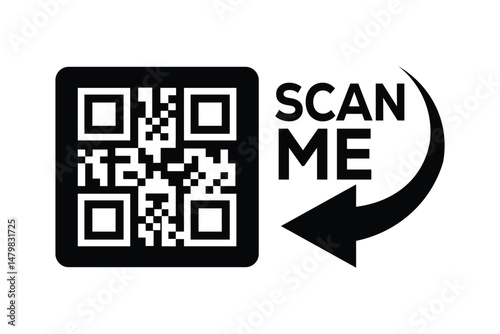 Centered black and white QR code with bold "SCAN ME" text and arrow on clean white background. Minimalist, high-contrast design for digital marketing, promotions, or instructional materials.
