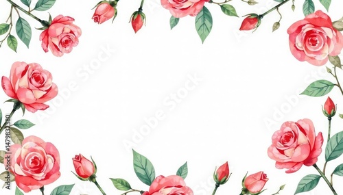 Delicate watercolor roses & leaves, repeating pattern , summer, soft