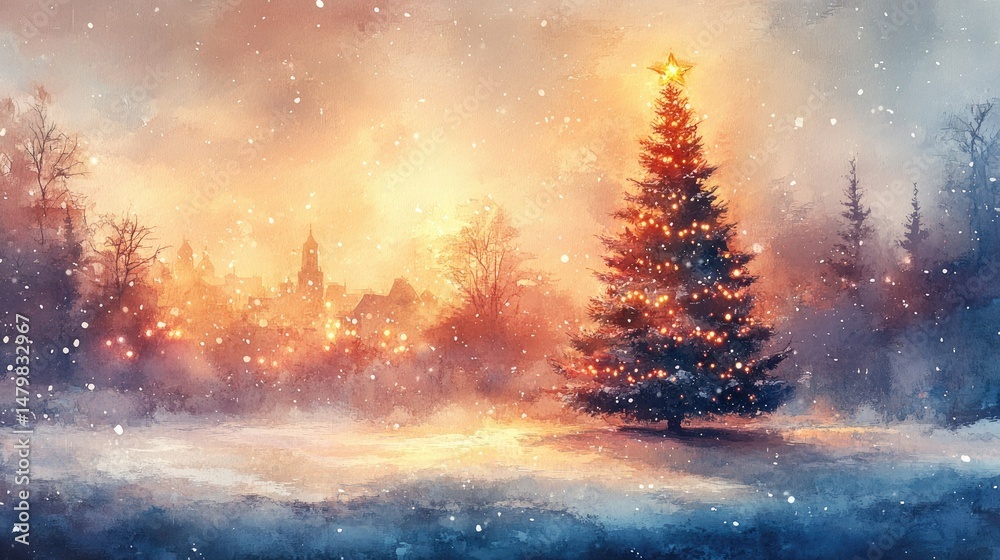 Fototapeta premium Vibrant Christmas tree decorated with lights glowing brightly in a festive winter scene with snow-covered ground and a colorful sky du sunset or sunrise