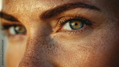 Close-up of a person's expressive eyes and freckled skin