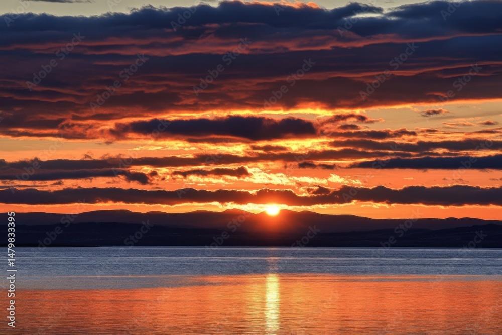 Fototapeta premium Dramatic sunset over water with mountains in the distance and colorful clouds in the sky scenic view