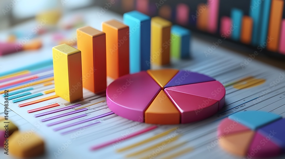 Fototapeta premium Colorful 3D Pie Chart and Bar Graph in Abstract Setting