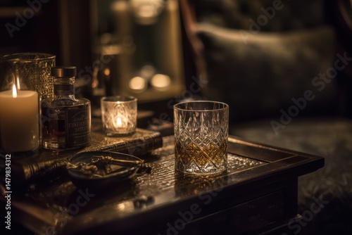 A sophisticated evening with a glass of whiskey in a dimly lit, elegant speakeasy
