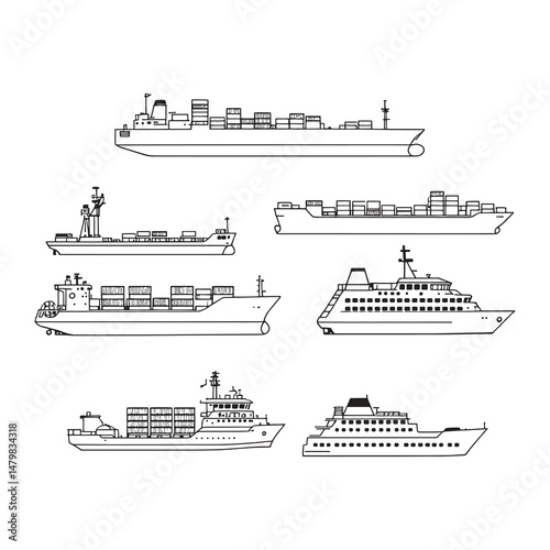 stylized line art container ship with cargo at sunset