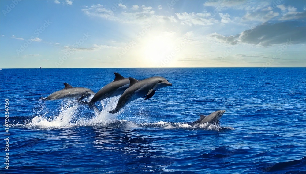 Naklejka premium Una bandada de delfines salta alegremente del agua y juega en el océano.