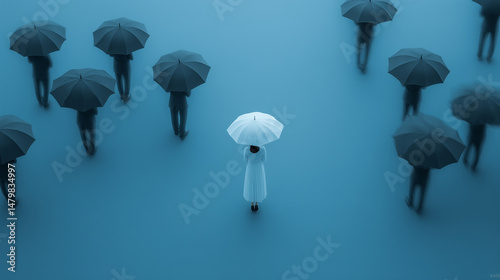 Abstract Image Of White Umbrella Figure Among Scattered Grey Crowd