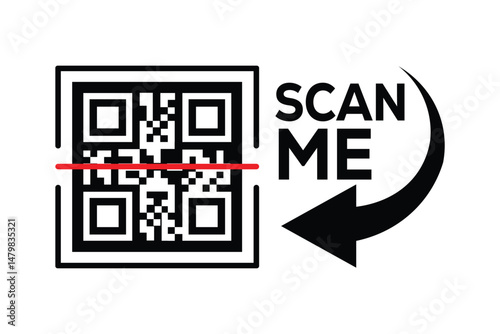 Centered black and white QR code with bold "SCAN ME" text and arrow on clean white background. Minimalist, high-contrast design for digital marketing, promotions, or instructional materials.