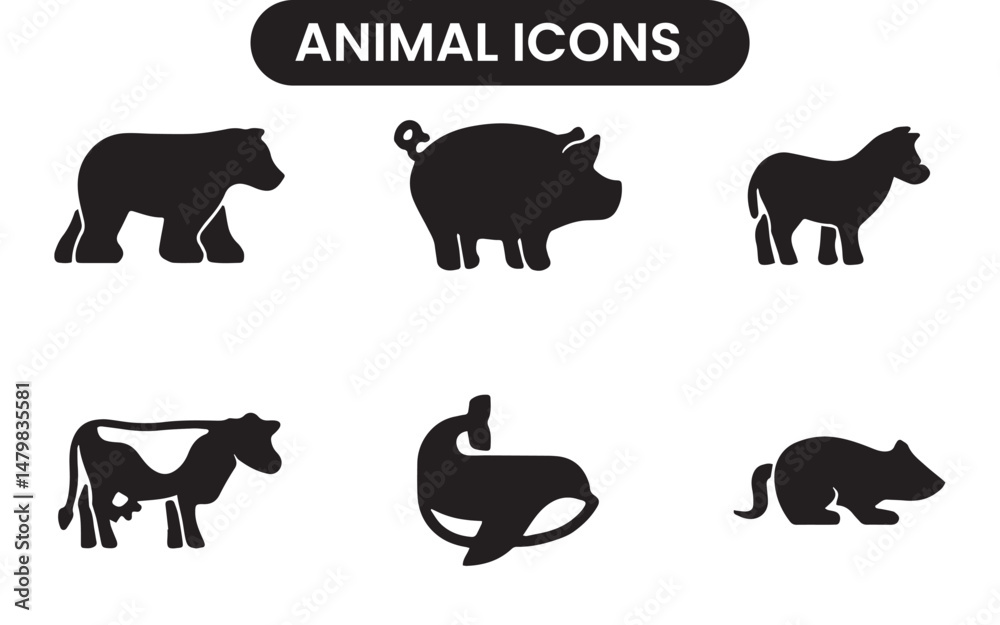 Naklejka premium Animal Icon Logo, Wildlife Symbol Design, Pet Icon Emblem, Domestic Animal Logo, Wild Animal Silhouette, Minimalist Animal Icon, Animal Face Symbol, Nature and Wildlife Logo, Cute Animal Illustration,