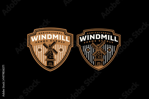 agricultural windmill tower retro badge logo vector design set for farm, harvest, agriculture, industry. old windmill building vintage illustration label emblem element design graphic collections