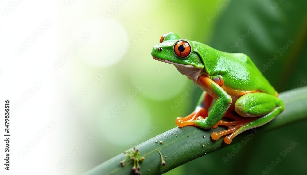 Naklejka premium Green tree frog perched on white, vibrant colors, animal, frog