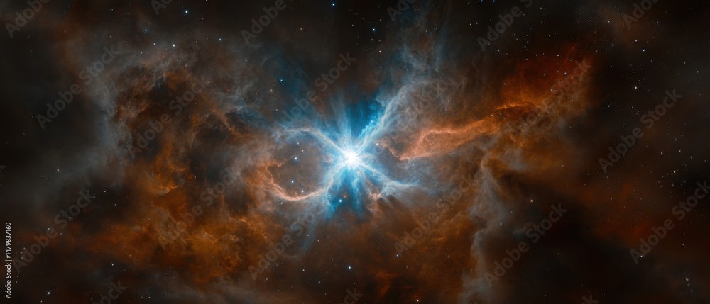 Obraz premium Dramatic Wide Angle View of a Nebula in Deep Space with Stars and Clouds of Gas and Dust in Orange and Blue Colors